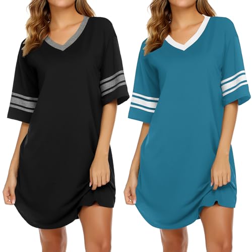 Image of Ekouaer Nightgowns for Women 2 Pack Sleepshirts Short Sleeve Nightshirt V Neck Sleepwear Casual Pajama Dress