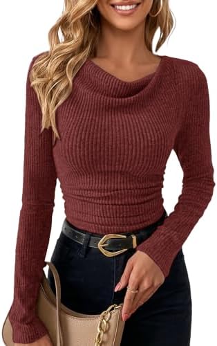 Chicrise Langarmshirt Damen Wasserfallkragen Eng Geraffte Langarm Gerippt | wasserfallausschnitt,geripptes,Slim Fit,Elegant,Longsleeve,Pullover,Einfarbig,Basic,Herbst,Winter,Casual
