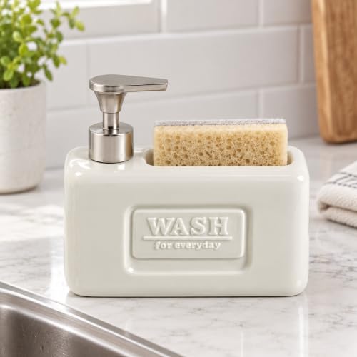 1 Adet Paslanmaz Çelik Pompalı Porselen Sıvı Sabunluk, Bulaşık Süngeri Yuvalı Tezgâh Üstü Deterjanlık, Mutfak, Banyo ve Lavabo için Sabun Dispenseri, Düzenleyici Hazneli, Asorti Renk