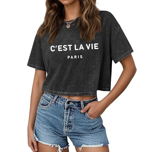 Oiiaayy Cest La Vie Paris T Shirts for Women Cropped Graphic Tees Vintage Streetwear Crop Top Washed Cotton Loose Fit Shirts(Black M)