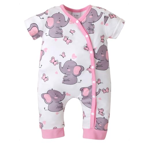 KONFEN Ropa Bebe Niña Verano, Manga Corta Mono de Recien Nacido Estampado de Elefantes y Mariposas, Monos Encajables con Botón para Bebés 3-6 Meses (Rosa)