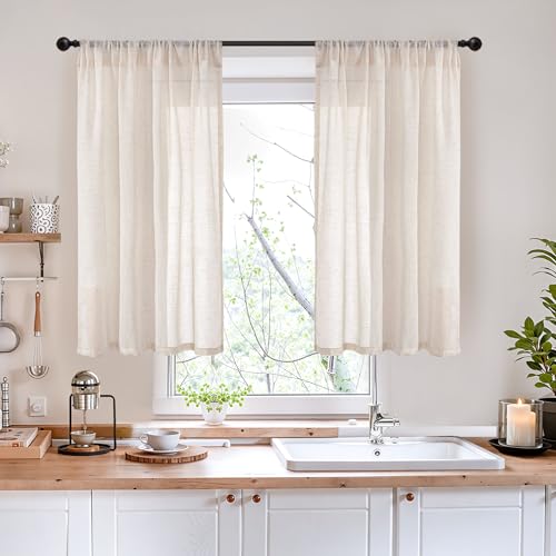 Image of BGment Oatmeal Linen Curtains 42X40 Inch Length for Short Windows | Semi Sheer Drapes Textured Light Filtering with Rod Pocket for Kitchen Bathroom Lightweight, 2 Panels Set