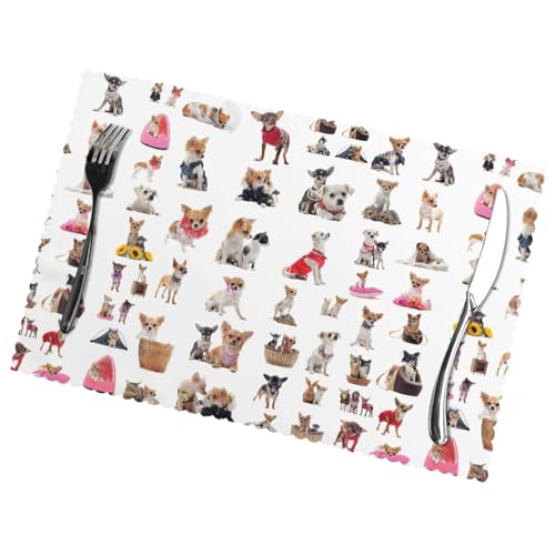Charmante Tischsets mit Chihuahua-Mopsmuster, für Esstisch, hochtemperaturbeständig, rutschfeste Matten, leicht zu reinigen, 30 x 45 cm, 6 Stück