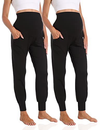 Foucome - Foucome Pantalon de jogging de maternité pour femme - Pantalon de survêtement extensible avec poches, Lot de 2/noir, S