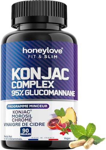 Konjac 95% Glucomannane | Fibres Végétales | Avec Nopal, Morosil, Chrome & Vitamines | 90 Gélules Vegan | Fabriqué en France