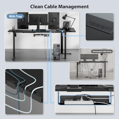 Image of 63 Inch L Shaped Electric Standing Desk, Corner Workstation, Black | 3 AC outlets, 2 USB ports, cable tray, cord clips, 3 memory presets, anti-collision and 176 lb capacity for home office.