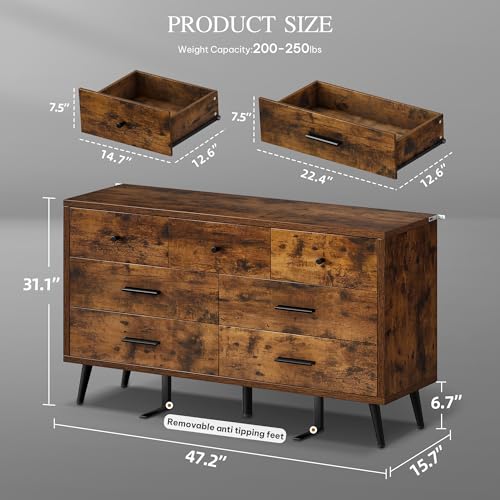 DWVO-Rustic-Brown-7-Drawer-Dresser-47-W-Large-Double-Dresser-Chest-of-Drawers-Modern-Wood-Storage-Dresser-Organizer-with-Black-Metal-Handles-Anti-Tipping-Device-for-Hallway-Entryway DWVO Rustic Brown 7 Drawer Dresser 47 W Large Double Dresser Chest of Drawers Modern Wood Storage Dresser Organizer with Black Metal Handles Anti Tipping Device for Hallway Entryway