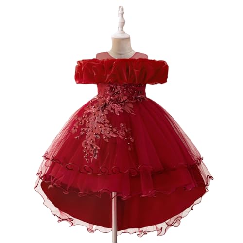 Girls' Elegant Flower Girl Dress with 3D Floral Appliques Puffy Short Sleeves High-Low Tulle Skirt for Weddings