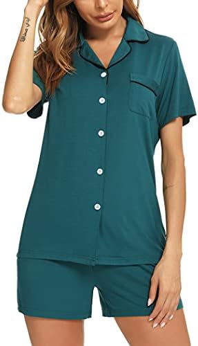 Roojaa Womens Pajama Set Short Sleeve Button Down Pjs Soft 2 Piece Classic Sleepwear Blue Green