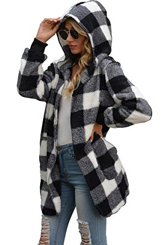 Yanekop Womens Tie Dye Fuzzy Fleece Cardigan Sherpa Open Front Outerwear Oversized Jacket(Black White Plaid,XL)