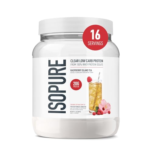 Image of Isopure Clear Whey Isolate Protein Powder, Lactose Free, Gluten Free, Naturally Flavored, Raspberry Island Tea, 20g Protein Per Serving, 14.1 Oz, 16 Servings