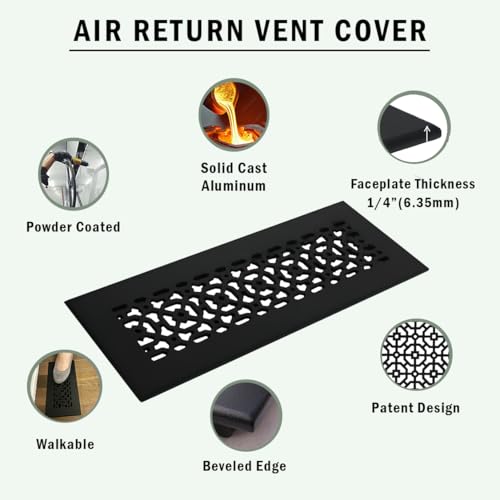 Achtek 8"x20" Duct (10"x22" Overall Size) Solid Cast Aluminum HVAC Air Return Grill Vent Cover | Powder Coated | for Floor-Black Without Screw Holes by Registers & Hardware - Image 3