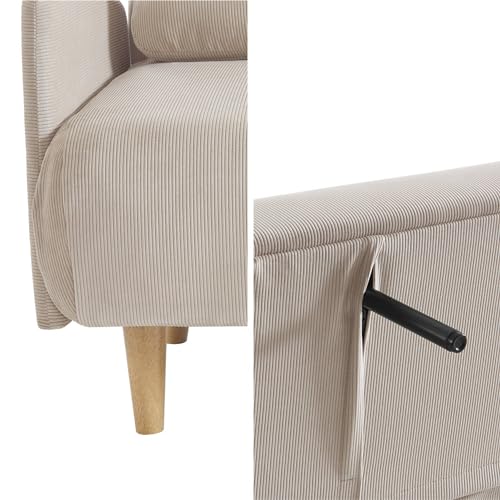 Divano Letto A 2 Posti In Velluto A Coste Con Gambe In Legno, Beige - 9