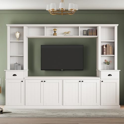 Merax Minimalist 103" Entertainment Wall Unit Set with Overhead Bridge for TVs Up to 75", Modern Large Media Console with Adjustable Shelves, Ample Storage Cabinets & Drawers for Living Room, White