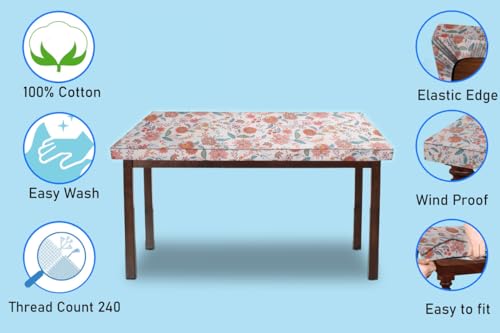 Image of The Furnishing Tree Elastic Cotton Rectangular Dining Table Cover 36x63 in Inches Floral Multicolor on offwhite Base