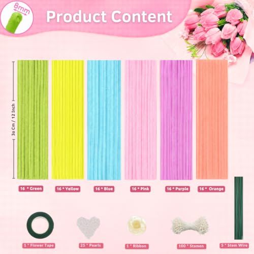 Image of DIY Pastel Pipe Cleaner Flower Bouquet Kit (100 Pcs Stems + Full Accessories) - 6 Pastel Shades with 100 Stamens, 5 Floral Stems, 1 Floral Tape, 25 Pearls & Ribbon for Handmade Crafting & Gifts