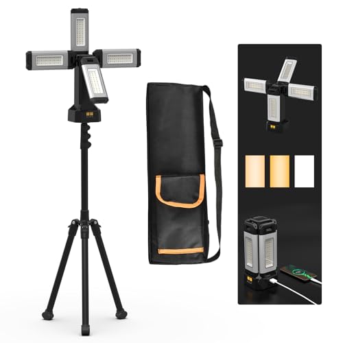 Lampe de Travail Rechargeable en Aluminium 13200 mAh Avec Trépied Pliable et Sac de Transport, 8000 Lumens à Intensité Variable Projecteur de Chantier