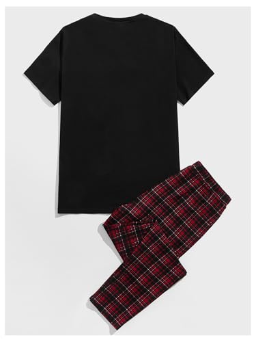 Milumia Men's 2 Piece Pajama Set Short Sleeve Solid Basic T Shirt and Plaid Long Pants Sets Sleepwear2