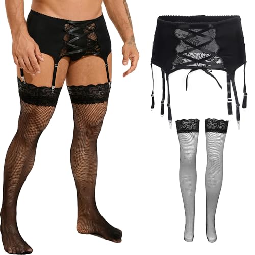 ohyeahlady Strapsen Dessous Set mit Strümpfen Halterlose Strümpfe Sexy Unterwäsche Große Größen Strapsstrümpfe Strumpfgürtel Garter Belt with Stocking Crossdresser Gay Underwear Box Pankung Schwarz XL