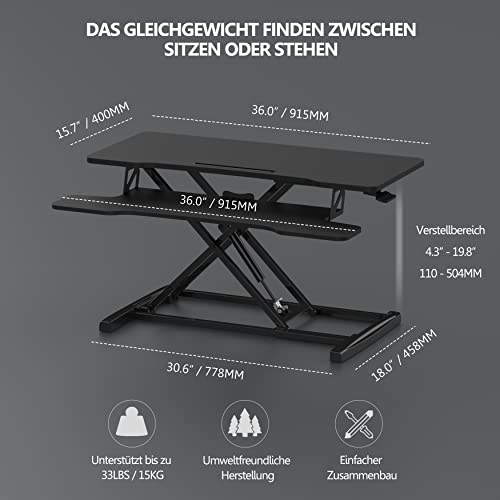 FITUEYES Höhenverstellbar Schreibtischaufsatz Büro Sitz Steh Computertisch 92 x 40 cm Stehpult mit Tastaturablage Geeignet für Zwei Monitore Schwarz, SD309101WB