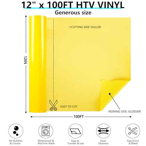 Image of Guangyintong Yellow HTV Heat Transfer Vinyl Rolls, 12 inch X 100ft Iron on Vinyl PVC Adhesive for T-Shirt, Easy to Cut & Weed for DIY Design