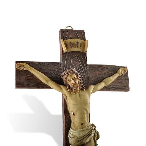 PlentifulHome Croce Cattolica con Crocifisso di Gesù – Dipinta a Mano, Grande, in Legno Testurizzato con Resina Vintage, Cristo Inchiodato sulla Croce, Moderna Decorazione da Parete per Porta, Regalo