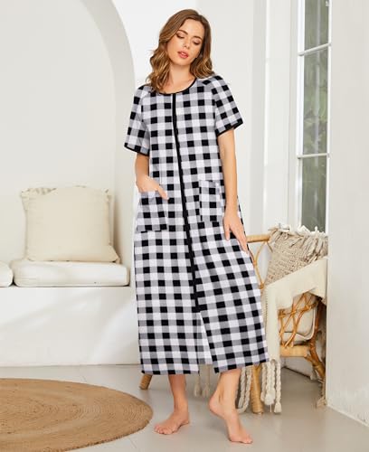 Image of Ekouaer Women Robe Zipper Short Sleeves Full Length House Coat with Pockets