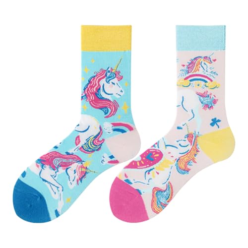 NxnChc Lustige Socken Für Damen Und Herren Unisex Viele Einhorn MotiveTier Essen Obst Sport Kunst Aus Baumwolle Geschenk Asymmetrische Muster Links Und Rechts