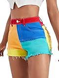 WDIRARA Women's High Waisted Raw Hem Distressed Ripped Casual Denim Shorts Multicolor Colorblock S