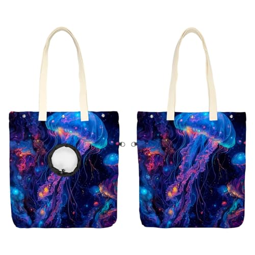 Pet Canvas Shoulder Bag Soft-Sided,Dog Purse Carrier for Small Dogs and Cats, Portable Pet Handbag with Adjustable Hole, Pet Washable Travel Tote Bag,Glowing Purple Jellyfish 19.3''x16.5''
