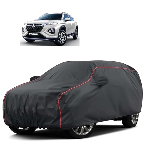 Image of Sulfar 100% Water Resistant Car Body Cover Compatible with Mirror for Maruti Suzuki Fronx (Triple Stitched, Full Bottom Elastic, Dark Grey Tafetta with Red Piping)