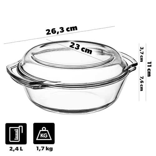 KADAX Naczynie żaroodporne okrągłe z pokrywą 2.4 l, odporne na wysoką temperaturę, wygodne uchwyty, do pieczenia lasagne i mięsa