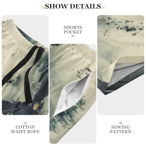 Mens Sleep Shorts Vintage Train Painting, Elastic Pajama Pants Sleepwear with Pockets S4