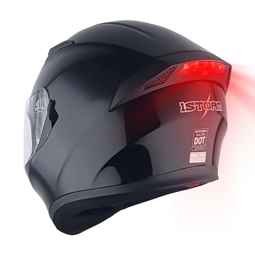 1Storm Motorcycle Street Bike Dual Visor/Sun Visor Full Face Helmet Mechanic with LED Tail Light: Glossy Black