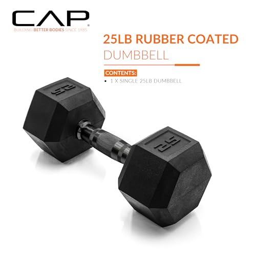 Image of CAP Rubber Coated Dumbbell Weights, Free Weights for Home Gym Strength Training, Anti-Roll Hex Dumbbells with Black, Chrome & Comfort Grip Handles, Singles