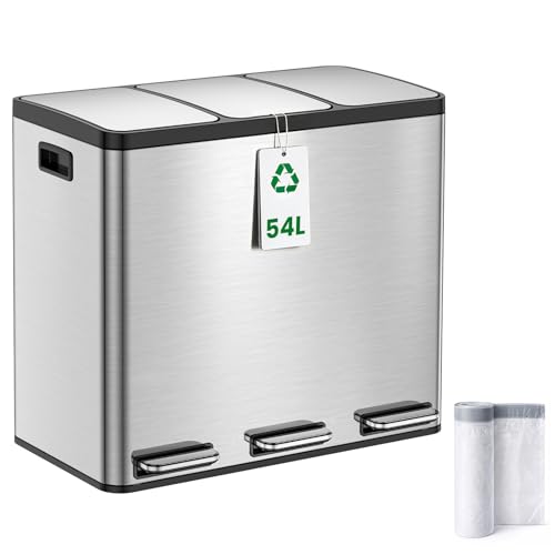 YEAUPE PRO Poubelle Cuisine 3x18L à Pédale, 54L Inox Poubelle Tri Sélectif 3 Compartiments, Triple Ouverture Indépendante, Soft Close Silencieux, Bacs...