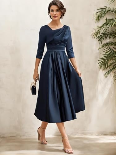 Elegant Luxury Satin A-Line Asymmetrical Neckline Tea-Length Mother of The Bride 2024 Evening Dress2
