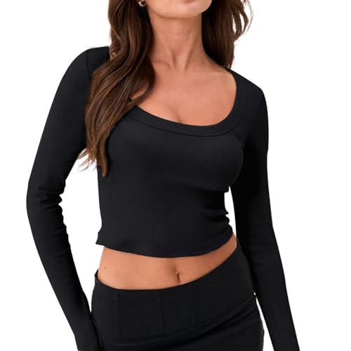 Women’s Long Sleeve T Shirts Casual Slim Fit Tops Scoop Neck Ribbed Knit Shirts TikTok Streetwear(Black-6,M)