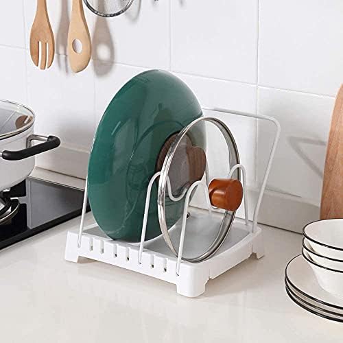 Pot Lid Rack Holder, Saucepan Lid Organiser, Bakeware Rack Pan Organizer, Pan Stand with 3 Adjustable Dividers 1 Hanging Drying Cloth Rack for Cutting Board, Pan Lids, Shovels, Spoons, White, Metal
