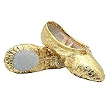 missfiona Womens PU Leather Ballet Slippers Dance Shoes Split Sole Belly Flat Adult Dance Trainers(5, Gold/dot)