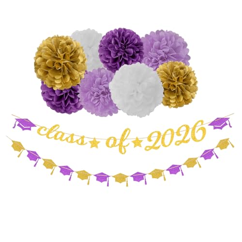 Image of Purple White-Gold Party-Decorations Graduation Banner - 8pcs Kits Class of 2026 Cap Garland Streamers, Paper Tissue Pom Poms Flowers, Congratulations Grad Decor Lasting Surprise