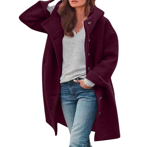 Generisch Wollmantel Damen Lang Mantel Winter Trenchcoat Mit Kapuze Dicke Hoodie Damen Winterjacke Warm Elegant Wolljacke Mit Knöpfen Frauen Wintermantel Oversize...