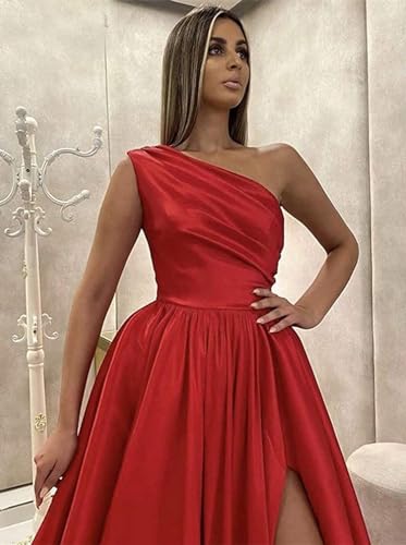 Fu Jiang Women's One Shoulder Prom Dresses 2025 Satin Long Ruched Formal Evening Gowns with Slit4