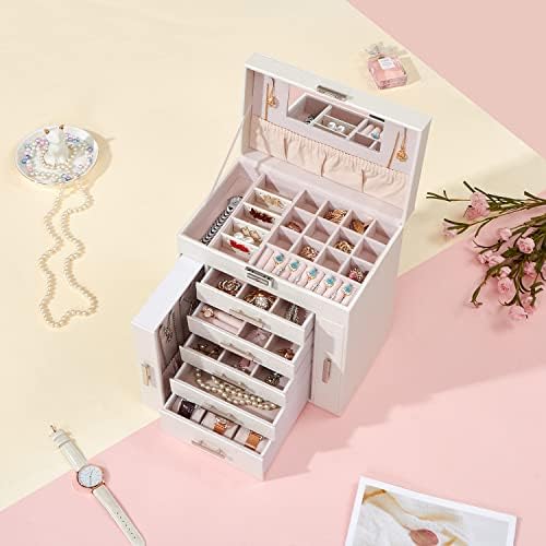 ANWBROAD Large Jewellery Box 6-Tier Jewellery Organiser Box for Women Jewellery Drawer Organiser Necklaces Rings Earrings Watches White Storage Box JJB008W