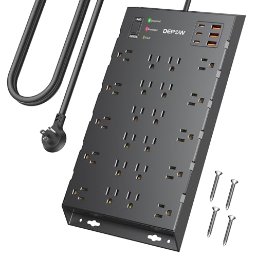 DEPOW Surge Protector Power Strip, 6.5FT Long Flat Plug Extension Cord with 22 AC Outlets (1875W/15A), 6USBs (3 USB-C Ports), 2100J Surge Protection, Wall Mountable for Gaming, Office, Home, Black by DEPOW - Used condition - US$22.64
