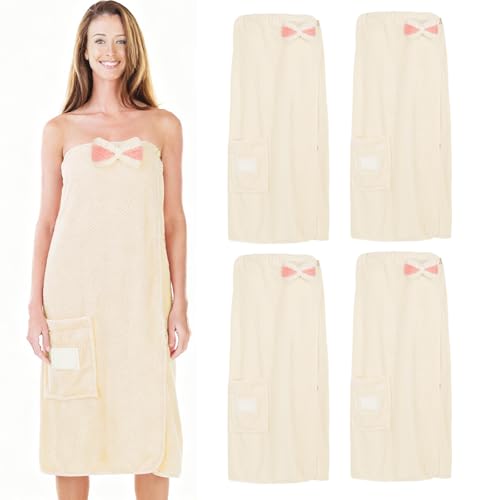 4 Pcs Spa Wrap Towel for Women Soft Beige Spa Robe with Bow and Buttons Absorbent Plush Cotton Bath Towel Wearable Terry Cloth Sauna Robe Bathrobe for After Shower Wedding Bachelor Pajama Party