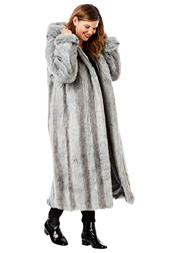 Roaman's Women's Plus Size Full Length Faux-Fur Coat With Hood - L, Chinchilla