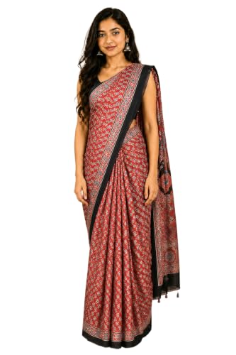 Image of Ethnics of Kutch Womenss Ajrakh Modal Silk Natural Dye Hand Block Print Saree with Blouse Piece - 5.5 Mtr Length