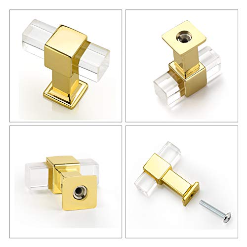 Nizado 10 Pack |Clear Acrylic Cabinet Knob Polished Gold Drawer Knob Square,Kitchen Cabinet Pull Lucite Drawer Pull Crystal Cabinet Handle #TOP3