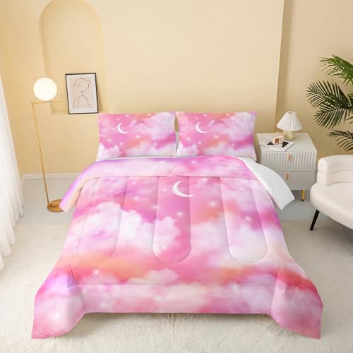Image of QOOMO Pink Cloud Comforter Set, Rainbow Star Sky Duvet Set Bedding Set Full Size for Girls Boys with 2 Pillow Shams Lightweight Microfiber for All Seasons